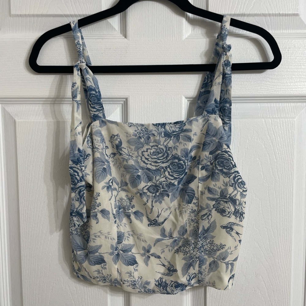 Chic wish blue and white floral toile with tie shoulder straps